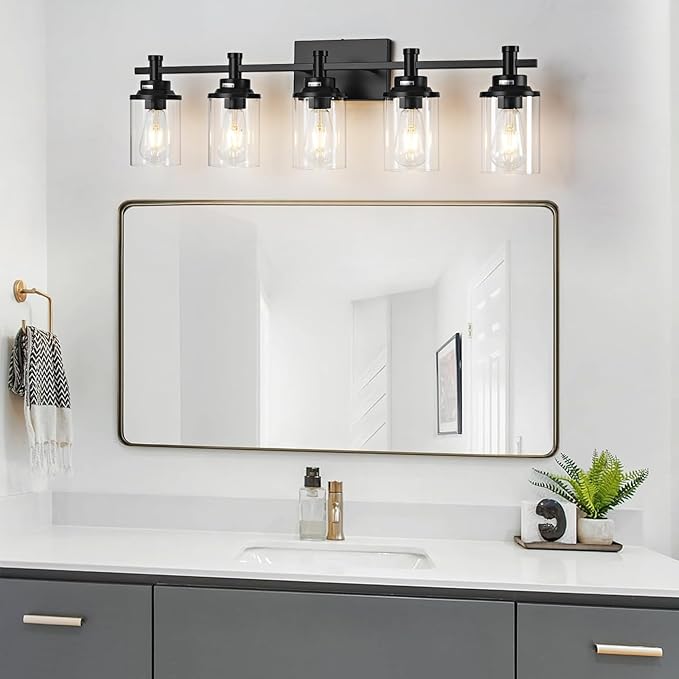 5-Light Black Bathroom Vanity Light, Modern Bathroom Light Fixtures Wall Sconces Over Mirror with Clear Glass Shade