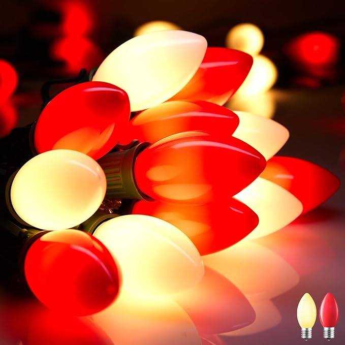 C9 LED Christmas Lights Outdoor, 100 Feet C9 String Lights with 100 Shatterproof Matte Bulbs, Connectable Waterproof Christmas Tree Lights for Holiday Roofline Backyard Garden Decor, Red & Warm White