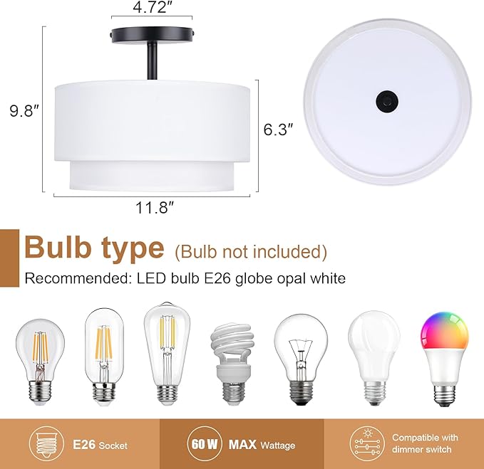FRIDEKO HOME Semi Flush Mount Ceiling Light - Double Drum 3-Light Ceiling Light Fixture Farmhouse Chandelier with White 2-Layer Classic Fabric Linen Shade for Bedroom Hallway Living Room Kitchen
