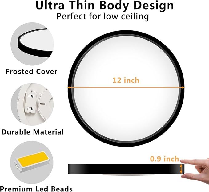 CHARYJOD LED Flush Mount Ceiling Light Fixture, 12Inch 24W Led Ceiling Light 5000K 2300LM Ultra Thin Flat Surface Panel Light Low Profile Ceiling Light for Bedroom Kitchen Bathroom Garage Living Room