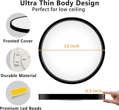 CHARYJOD LED Flush Mount Ceiling Light Fixture, 12Inch 24W Led Ceiling Light 5000K 2300LM Ultra Thin Flat Surface Panel Light Low Profile Ceiling Light for Bedroom Kitchen Bathroom Garage Living Room