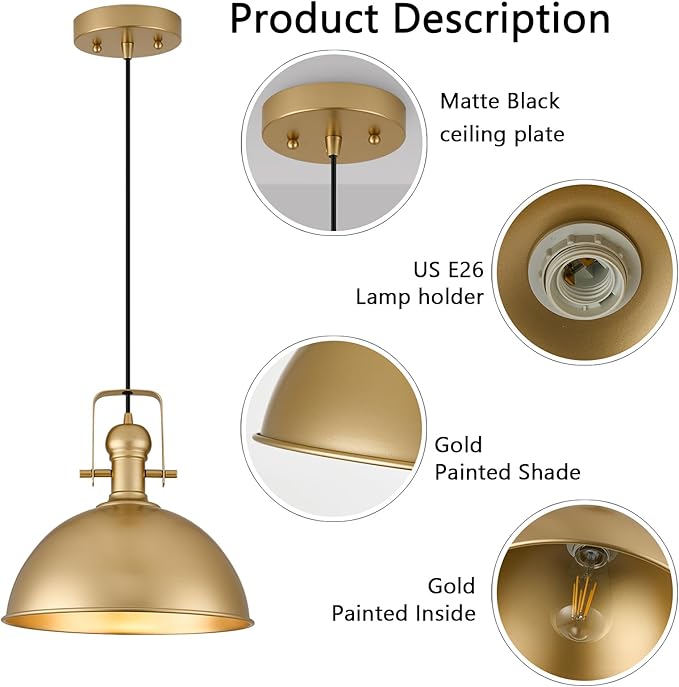 12 Inch Gold Farmhouse Pendant Lights Matte Pendant Lights for Kitchen Island Industrial Adjustable Height Vintage Dome Hanging Light Fixtures for Barn, Dining Room 3 Packs