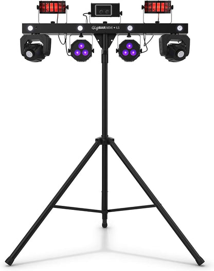 CHAUVET DJ – GigBAR Move + ILS 5-In-1 Lighting System | Moving Heads, Derbies, Washes, Laser & Strobe on One Bar | ILS Compatible | RF Remote, Tripod & Carry Bags Included