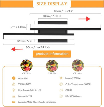 Bathroom Light Fixtures Over Mirror: 24-inch Modern Black LED Vanity Light Bar ETL Certified | Retractable Dimmable Bathroom Lamp IP44 - Wall Light Fixture 25W 5000K Cool White(1 Pack)