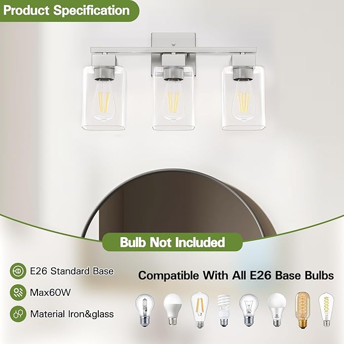 Brush Nickel Bathroom Vanity Light - 3 Light Bathroom Light Fixture Square Design & UL Certification & Square Bath Room Lights Fixture Over Mirror