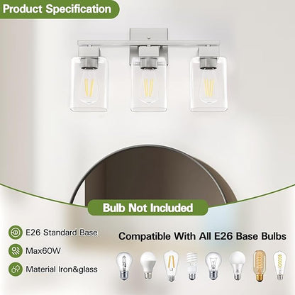 Brush Nickel Bathroom Vanity Light - 3 Light Bathroom Light Fixture Square Design & UL Certification & Square Bath Room Lights Fixture Over Mirror