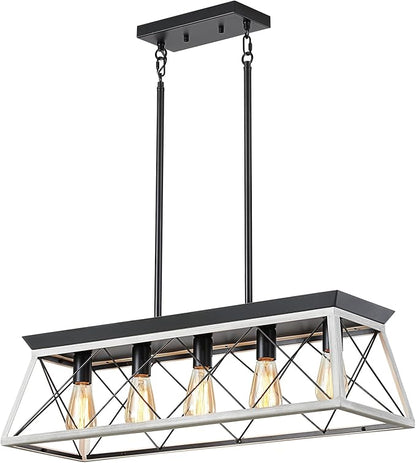 5-Light Farmhouse Chandeliers for Dining Room, Rustic Kitchen Island Lighting, Adjustable Height Pendant Light for Kitchen, Dining Room Table White