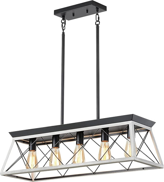 5-Light Farmhouse Chandeliers for Dining Room, Rustic Kitchen Island Lighting, Adjustable Height Pendant Light for Kitchen, Dining Room Table White