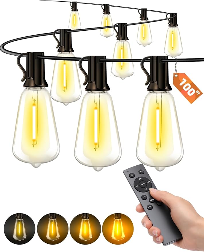 Outdoor Patio String Lights: 100Ft 30M Outside Waterproof Light - Remote Dimmable ST38 Shatterproof Bulb Connectable Hanging Outdoor Electric Lighting - Backyard Yard Gazebo Porch Party