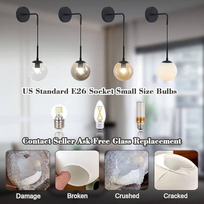 BOKT Matte Black Amber Glass Round Wall Sconce Light Mid Century Modern Globe Bathroom Wall Sconce Lamp Farmhouse Industrial Adjustable Bar Wall Light Fixture (Black+Amber)