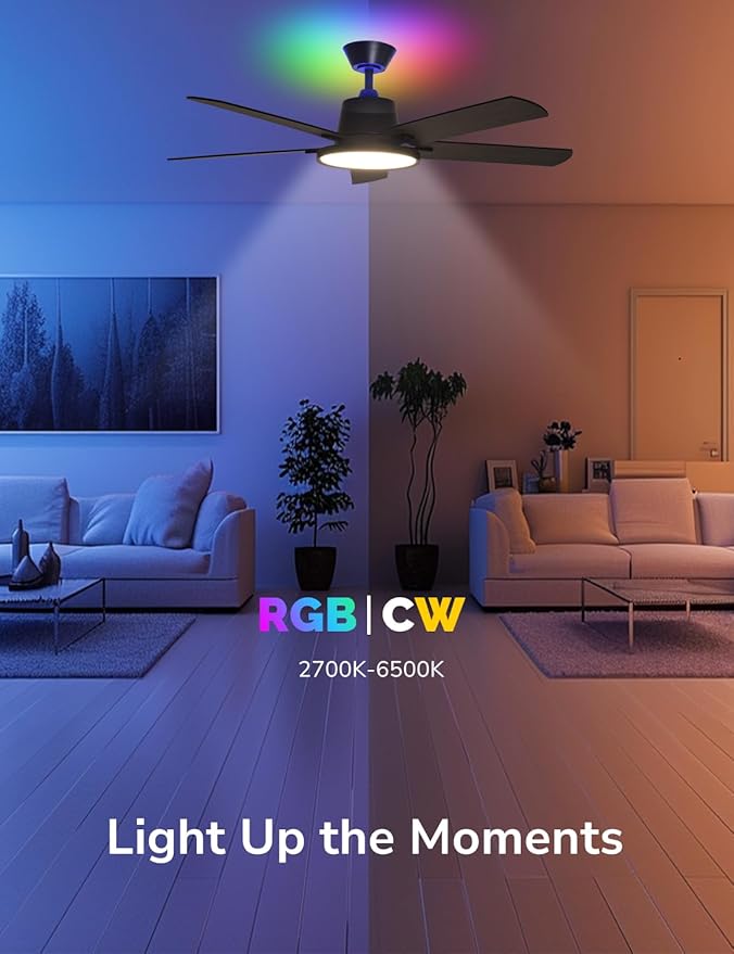 Orison Ceiling Fans with Lights, 52 inch Low Profile Ceiling Fan with RGB Backlight, Flush Mount Ceiling Fan with Remote and App Control,White Bedroom Fan, 6 Speeds, 5 Reversible Blades (Black RGB)