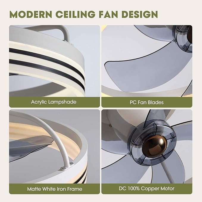LUDOMIDE Ceiling Fans with Lights, 360° Rotating Ceiling Fan with Lights and Remote, 6 Wind Speeds Smart Flush Mount Ceiling Fan for Bedroom, Dining Room and Kitchen 20"