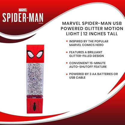 Marvel Spider-Man USB Powered Glitter Motion Lamp LED Light | Nightstand Table Lamp For Bedroom, Desk, Living Room | Home Decor Room Essentials | Comic Book Toys, Gifts And Collectibles | 12 Inches