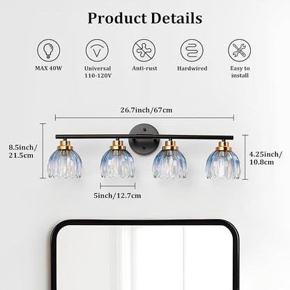 TALOYA Bathroom Vanity Light Fixtures, 4-Light Black and Gold Wall Lights for Mirror with Gradient Blue Tulip Glass Shades, Over Sink Lighting for Bedroom, Living Room, Hallway,Farmhouse
