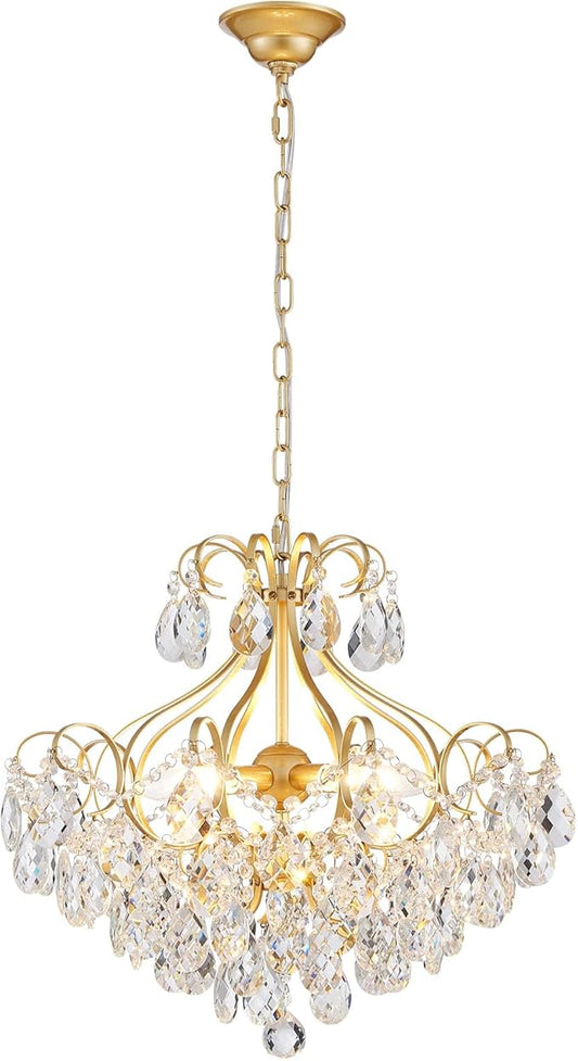 Crystal Candle Chandelier Pendant Flushmount Ceiling Light Modern Lighting Fixture for Bedroom Hallway Bar Kitchen Bathroom, H 16.9" x W 22.8", Gold, E12 Base
