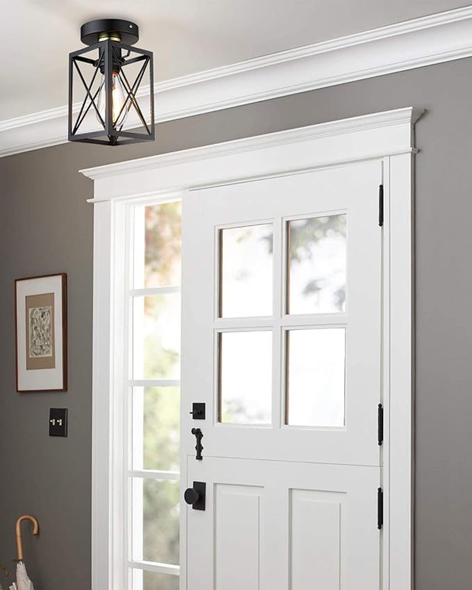 Semi Flush Mount Ceiling Light,Metal Cage Farmhouse Light Fixture Hardwired for Entryway, Hallway, Kitchen Over Sink, Bathroom,Laundry Room,Modern Industrial Vintage Style,Single E26 Bulb（Black,1PK）