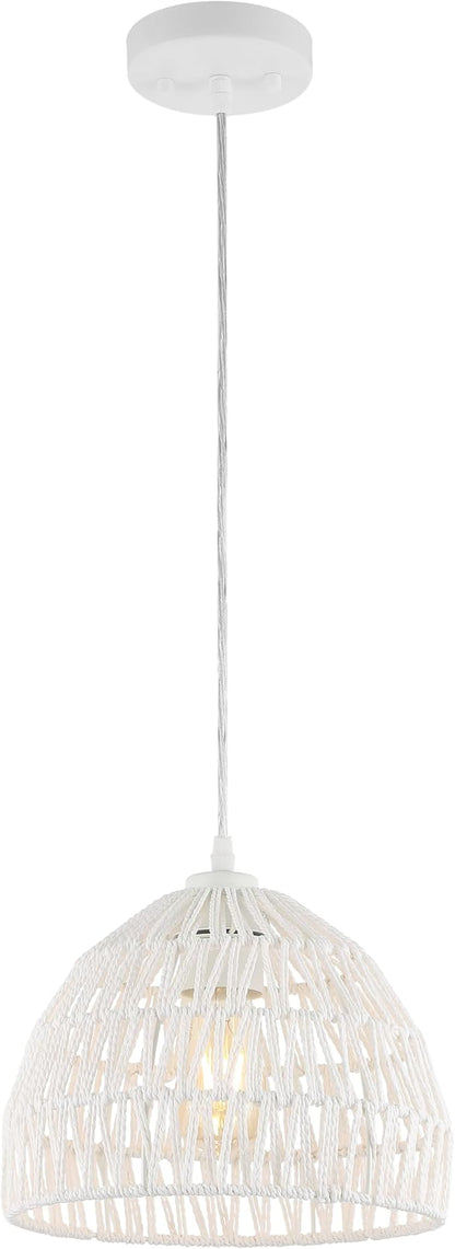 JONATHAN Y 10.25" White Modern Bohemian Woven Rope LED Pendant Light Fixture, Adjustable Dome Ceiling Lamp for Kitchen Island, Rope Shade, Coastal Farmhouse Decor (JYL6513A)