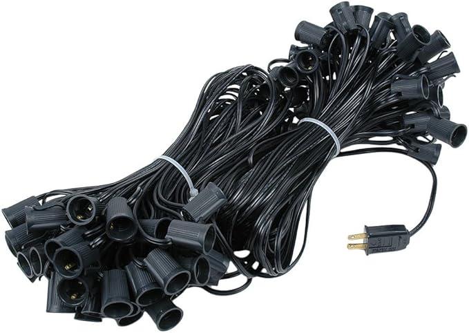 Novelty Lights 200 Foot C9 Outdoor String Light Christmas Stringer - Patio String Lights - Intermediate Base (C9/E17) - 24" Spacing - Black Wire