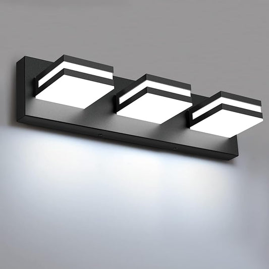 IZORRO LED Modern Bathroom Lights Fixtures(3-Light,Dimmable,360°Rotate),Matte Black Acrylic Wall Lighting,Vanity Lights for Bathroom Over Mirror - 6000k 16In （No Assembly Required）