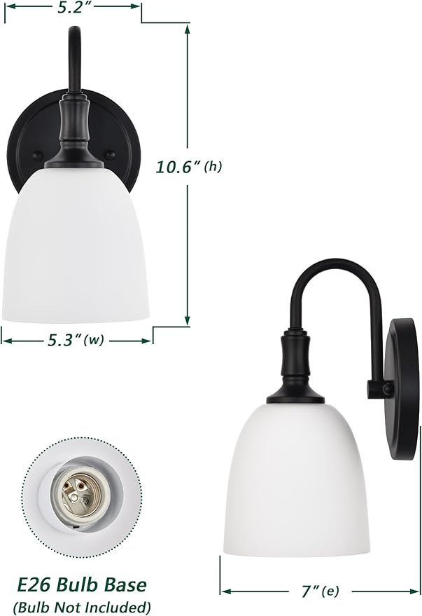 Vintage Traditional Black 1-Light Indoor Wall Sconce with Frosted Glass Bathroom Bedroom Hallway, 10.6" H x 5.3" W, Matte Black