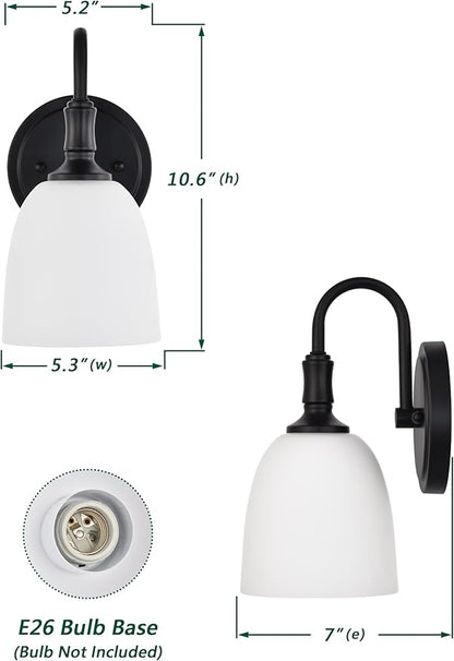 Vintage Traditional Black 1-Light Indoor Wall Sconce with Frosted Glass Bathroom Bedroom Hallway, 10.6" H x 5.3" W, Matte Black