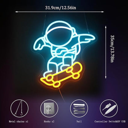 "Astronaut Skateboarding" Space Adventure Light - Cool & Gravity-Defying LED Wall Art for Game Room, Dorm, Bedroom Decor, Dimmable USB, Awesome Gift for Sci-Fi Fans & Adventurers