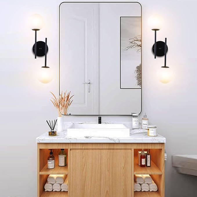BYOLIIMA Black Globe Wall Sconces, 2-Light Modern Matte Black Vanity Lights with White Globe Glass Shade, Industrial Farmhouse Wall Lamp for Bedroom, Living Room, Kitchen, Bathroom
