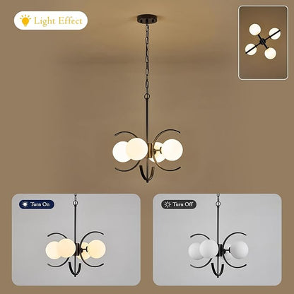 4-Light Modern Sputnik Chandelier L16.5”Small Mid Century Milk Glass Globe Ceiling Pendant Lighting Black Industrial Chandeliers for Entryway Hallway Dining Room Kitchen