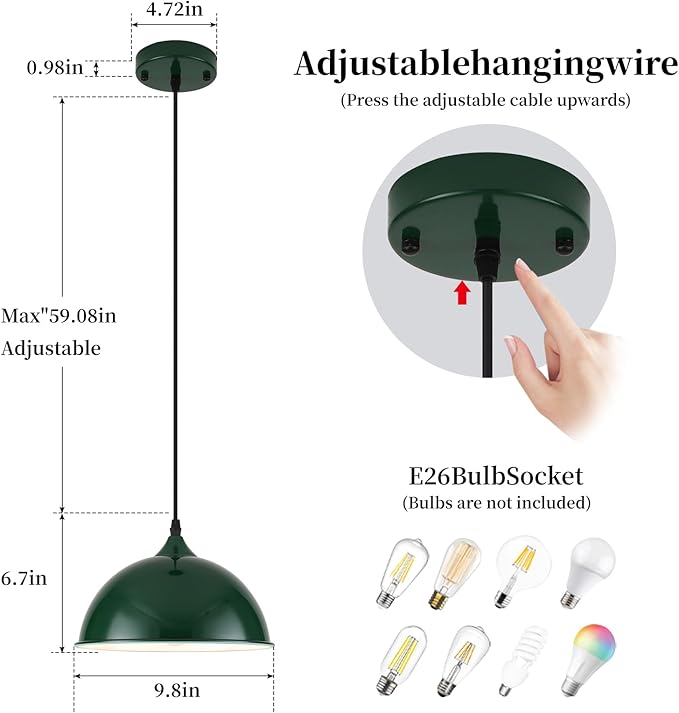 9.8 inch Green Dome Pendant Lights Kitchen Island 3 Pack, Modern Farmhouse Pendant Lights, Vintage Industrial Kitchen Pendant Lighting, Island Lights for Kitchen, Dining Room