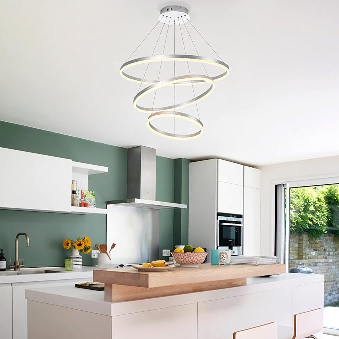 3-Rings D31.5’’ Modern LED Chandelier Silver, Dimmable Pendant Lighting with Remote Control Circular Flush Mount High Ceiling Light for Living Dining Room Bedroom Foyer, 3000K-6500K