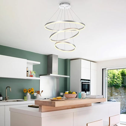 3-Rings D31.5’’ Modern LED Chandelier Silver, Dimmable Pendant Lighting with Remote Control Circular Flush Mount High Ceiling Light for Living Dining Room Bedroom Foyer, 3000K-6500K