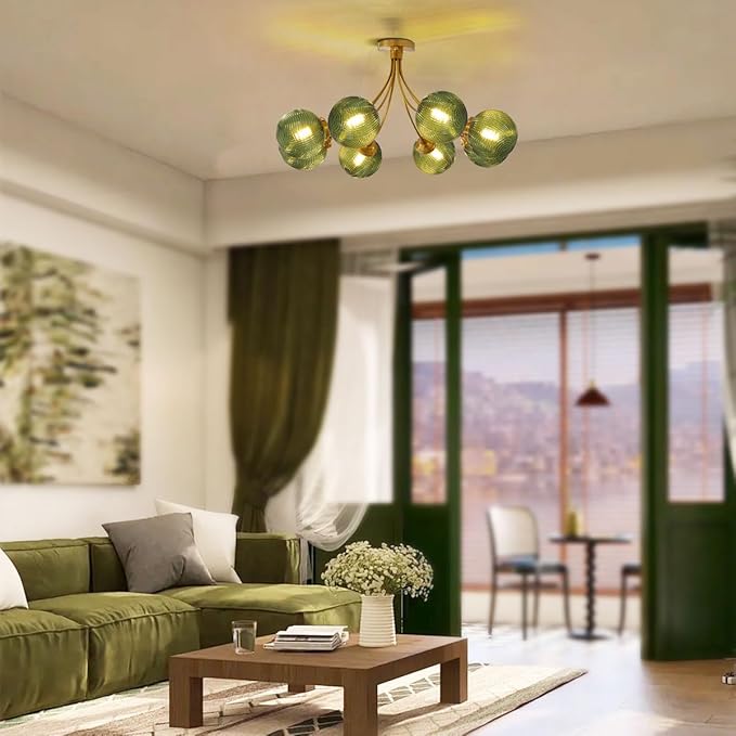 8-Light Flush Mount Light Vintage Gold Sputnik Chandelier Light Fixtures Ceiling Mount Green Round Glass Globe Shade, Semi Flush Mount Ceiling Light for Living Room Kitchen