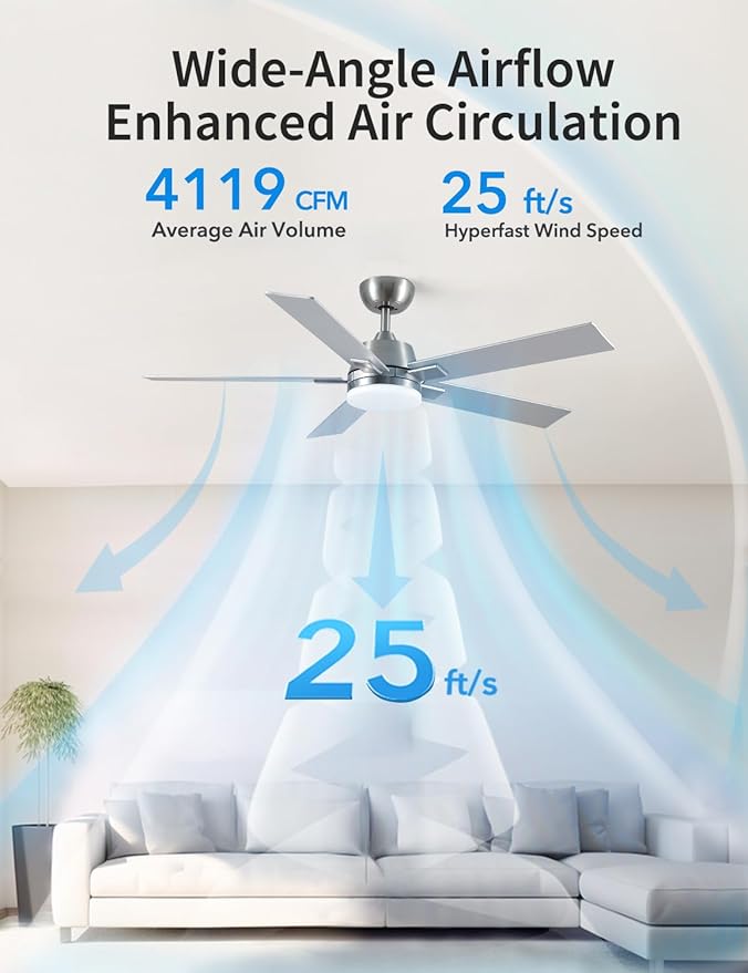 Rayqueen 52 Inch Ceiling Fans with Lights and Remote, 6 Speed Reversible DC Motor, 3CCT Dimmable LED, Modern Brushed Nickel Ceiling Fan for Bedroom, Living room & Covered Outdoor,Includes Downrod