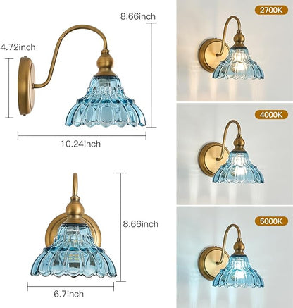 Vintage Blue Glass Lampshade Bedroom Wall Sconces 1-Light Hardwired Wall Mount Bathroom Wall Sconce Light Fixtures for Hallway Kitchen Dress Room