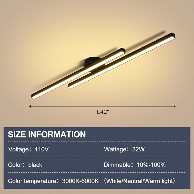 Black Modern LED Ceiling Light Fixtures with Remote 3000K/4500K/6000K Close to Ceiling Lights Creative Design Ceiling Lamp for Bedroom Kitchen Living Room Dining Room (32W, 2 Lights)