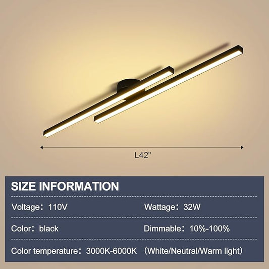 Black Modern LED Ceiling Light Fixtures with Remote 3000K/4500K/6000K Close to Ceiling Lights Creative Design Ceiling Lamp for Bedroom Kitchen Living Room Dining Room (32W, 2 Lights)