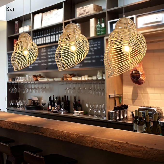 Retro Conch Pendant Lamp Hand Woven Ceiling Lighting Weave Bamboo Rattan E26 Hanging Light Fixture Retro Japanese Wicker Lamp Shade for Bedroom Restaurant Cafe Brown