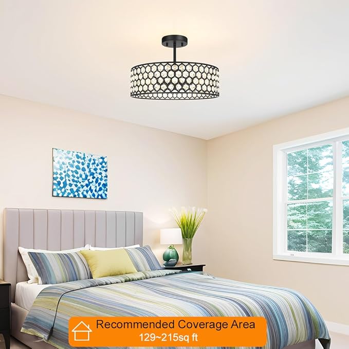 Lxybcce Black Crystal Ceiling Light Fixture - Modern Semi Flush Mount Ceiling Chandelier Lighting for Kitchen, Dazzling Prism Chandelier for Bedroom, Bathroom, Dining Room, 5 Light, 16 in