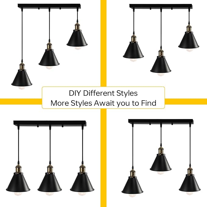 FIRVRE Pendant Light 3-Flame Height Adjustable, Ceiling Lamp Hanging Vintage for Dining Room Hallway Living Room, E26 Hanging Lamp Industrial Metal for Dining Table