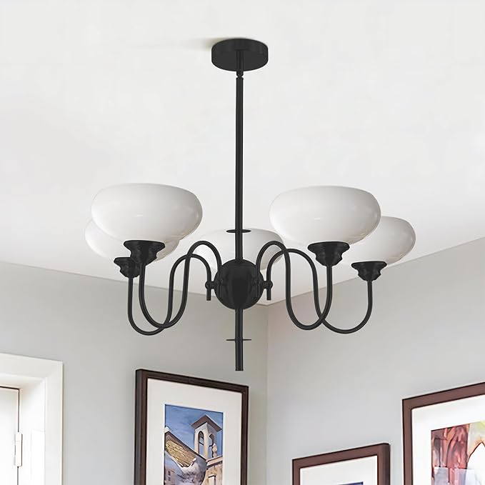 BOKT Black Chandelier for Bedroom, Modern Milk White Bowl Chandelier for Living Room, Adjustable 5 Light Farmhouse Chandeliers with Extension Rods
