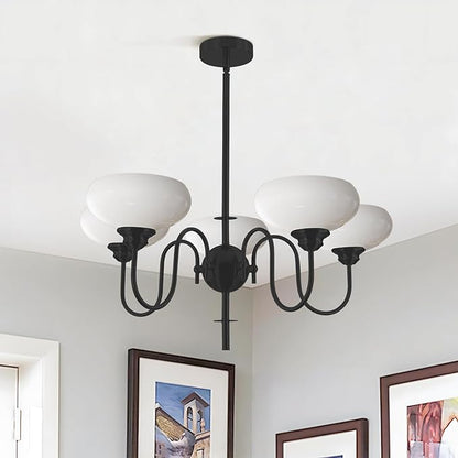 BOKT Black Chandelier for Bedroom, Modern Milk White Bowl Chandelier for Living Room, Adjustable 5 Light Farmhouse Chandeliers with Extension Rods