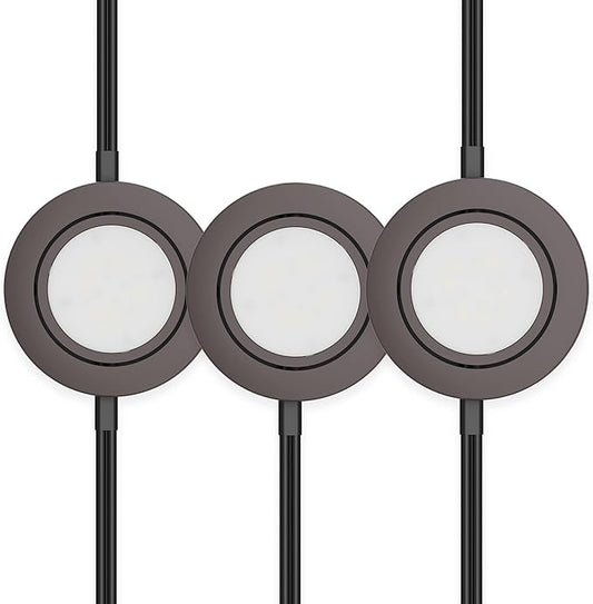 Getinlight LED Puck Lights 3-Pack, 2.75" Metal Housing, Wall-Dimmer Compatible, 2700K Warm White, Bronze Finish, Plug-in or Hardwired, ETL Listed, IN-0107-3-BZ