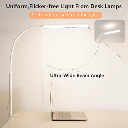 LED Desk Lamp for Office Home, Adjustable Flexible Eye-Caring Desk Light with,5 Modes 10 Brightness Adjustment, USB Adapter Desk Lamp with Clamp-LK-W