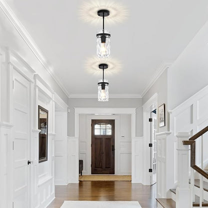 2 Pack Black Pendant Lights Kitchen Island, Modern Hammered Glass Pendant Lighting Over Island Hanging Kitchen Light Fixtures Hallway Ceiling Lights Adjustable Pendant Light for Dining Room Entryway