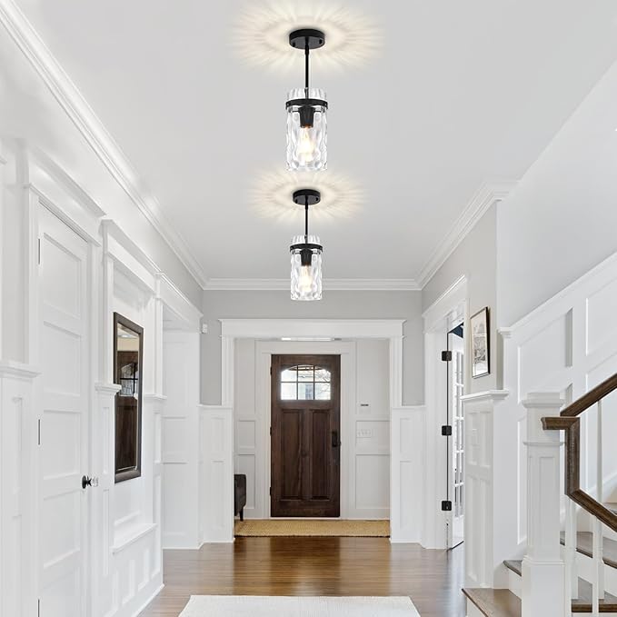3 Pack Black Pendant Lights Kitchen Island, Modern Hammered Glass Kitchen Pendant Lighting Over Island Hanging Bathroom Light Fixtures Adjustable Pendant Light for Hallway Entryway Dining Room