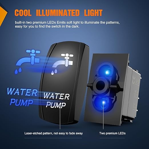 Nilight Water Pump Rocker Switch 5 Pin Laser On Off SPST switches 20A/12V 10A/24V Blue Freshwater Tank Toggle for Car Boat Marine Pontoon RV Camper Travel Trailer