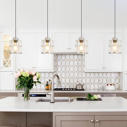 Brushed Nickel Pendant Lights Set of 2, Pendant Lights Kitchen Island with Clear Glass Shade, Modern Farmhouse Pendant Light Fixtures Hanging Light with Adjustable Cord over Sink Decor, E26