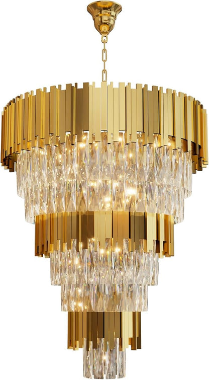 Modern Tier Crystal Chandelier for High Ceiling Luxury 8-Tier Round Chandeliers 11-Light Large Gold Crystal Chandelier for Entryway Adjustable Height D24in