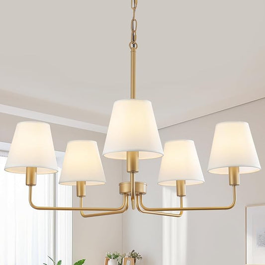 Gold Chandeliers for Dining Room 30” Bedroom Light Fixture with White Fabric Shade 5-Light Modern Farmhouse Chandelier Adjustable Pendant Lighting Fixtures for Kitchen Island,Living Room,Entryway