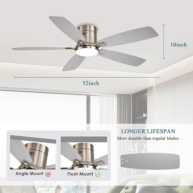 Ayaoty 52 Inch Low Profile Ceiling Fans with Lights and Remote, Flush Mount Modern Ceiling Fan, 3CCT Dimmable DC Ceiling Fan for Bedroom, Living Room, Brushed Nickel